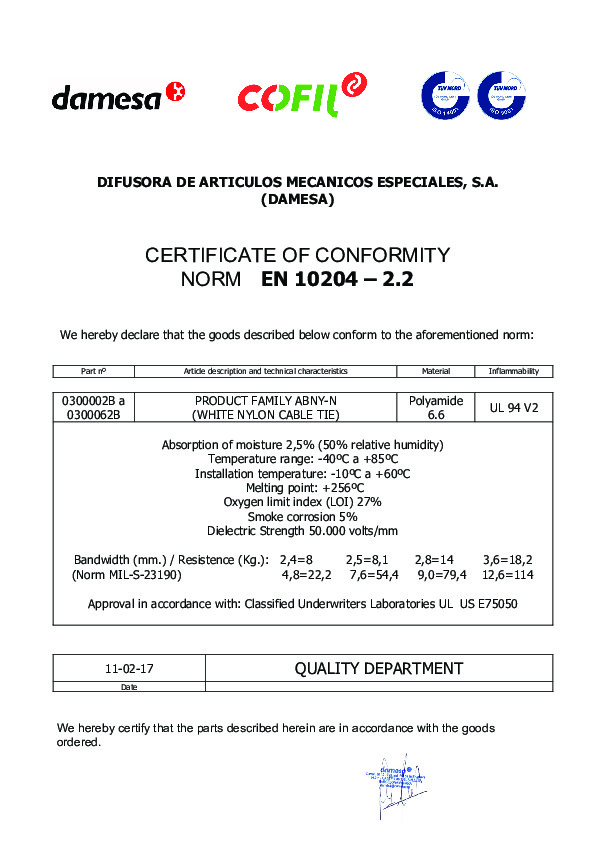 Сертификат соответствия EN 10204– 2.2 Кабельной стяжки Cofil белая